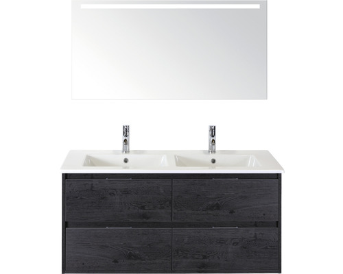 Badmöbel-Set Sanox Porto Keramik 170x121x51 cm Doppel-Keramikwaschbecken 4 Schubladen black oak mit LED-Beleuchtung Badmöbel-Set Sanox Porto Keramik 170x121x51 cm Doppel-Keramikwaschbecken 4 Schubladen black oak mit LED-Beleuchtung
