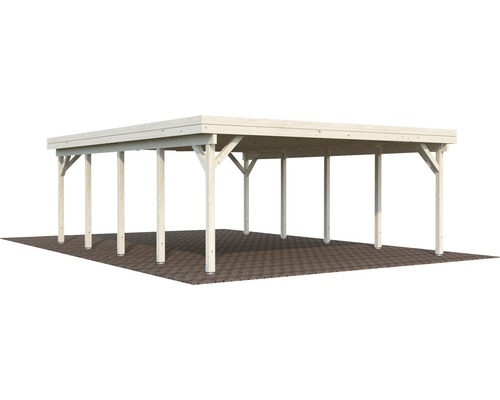 Holzcarport mit Flachdach und mehreren Stützpfosten