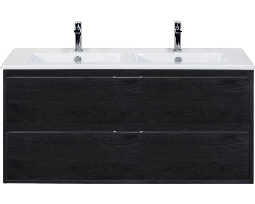 Waschbeckenunterschrank Sanox Porto Keramik 57x121x51 cm mit Doppel-Keramikwaschbecken black oak