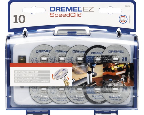 SC690 Dremel EZ SpeedClic Schneid-Set (EZ SC-Aufspanndorn, 4 Metall- Trennscheiben, 3 dünne Präzisionstrennscheiben, 3 Kunstoff-Trennscheiben, Aufbewahrungsbox) Dremel EZ SpeedClic Trennscheiben Set mit 10 Trennscheiben in einer transparenten Kunststoffbox.