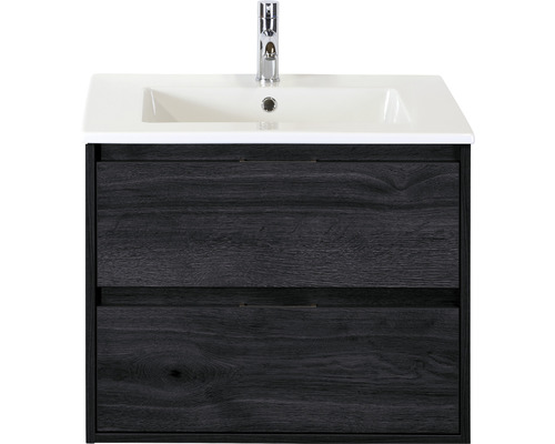 Waschbeckenunterschrank Sanox Porto 57x71x51 cm mit Keramikwaschbecken black oak Waschtischunterschrank mit zwei Schubladen und Waschbecken