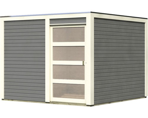 Gartenhaus mit Tür und grauem Holz