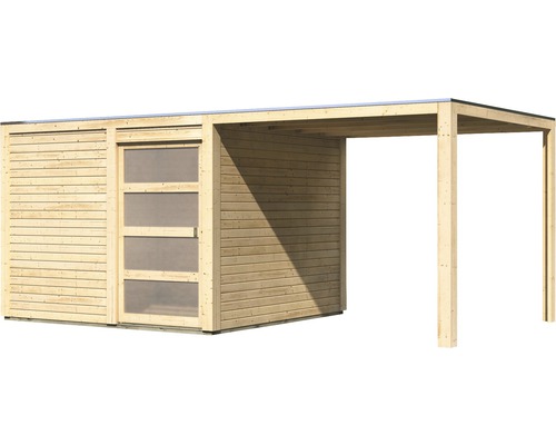 Gartenhaus Karibu Carlson 2 mit Schleppdach und selbstklebender Dachfolie 512 x 276 cm natur