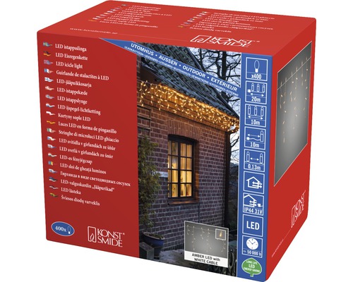 Verpackung einer LED-Eiszapfenlichterkette für den Außenbereich von Konst Smide mit technischen Daten