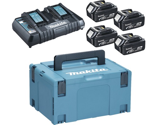 Akkuset und Doppelladegerät Makita DC18RD inkl. 4 Akkus und MAKPAC Transportkoffer Makita Ladegerät, vier Akkus und Werkzeugkoffer