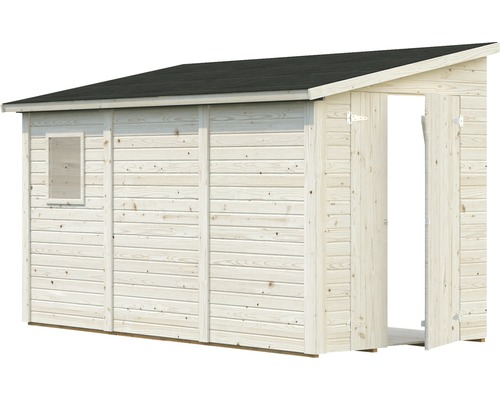 Gartenhaus aus Holz mit Fenster und offener Tür