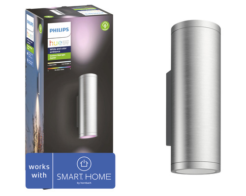 LED Wandleuchte Philips hue Appear 2x 8W 1200 lm 2000-6500 K IP44 dimmbar edelstahl Philips Hue Appear Außenwandleuchte und Verpackung