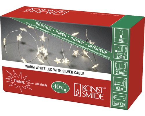 Verpackung einer warmweißen LED Lichterkette mit silberfarbenem Kabel für den Innenbereich
