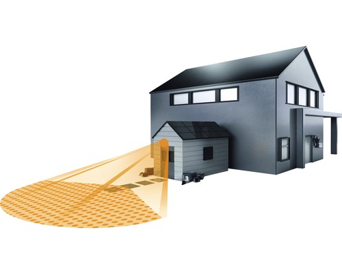Illustration eines Hauses mit Bewegungsmelder vor der Tür
