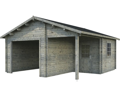 Einzelgarage Palmako Roger 21,9+5,2 m² ohne Tor 510 x 550 cm tauchgrundiert grau Holzgarage mit zwei Stellplätzen, einem Eingang und einem Fenster