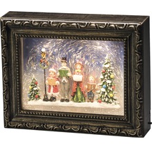 Dekoratives Weihnachtsbild mit Familie, Tannenbaum und Straßenlaterne in einem Bilderrahmen