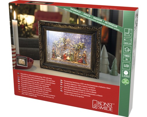 Dekorative Krippenszene mit LED-Beleuchtung in einem Bilderrahmen