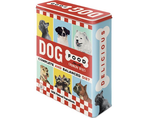 Hundefutterdose mit Hundeabbildungen und der Aufschrift Alleinfutter mit natürlichen Zutaten.