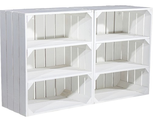 Zwei weiße Holzkisten als Regalelement