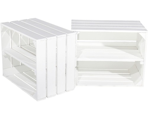 Zwei weiße Holzkisten mit Regalböden