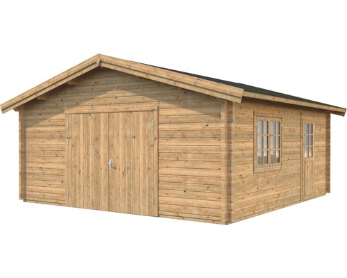 Holzgarage mit Doppeltür und Fenstern