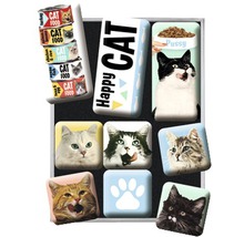 Illustration verschiedener Katzenfutterprodukte und Katzenporträts