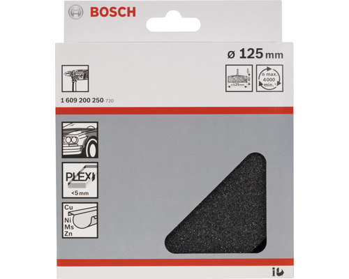 Bosch Logo. Polierschwamm mit einem Durchmesser von 125 Millimetern. Geeignet für Autolacke, Plexiglas und Metalle.