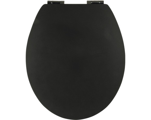 Schwarzer Toilettensitz aus Holz mit Metallscharnieren