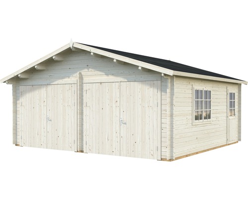 Holzgarage mit Doppeltür und Fenstern