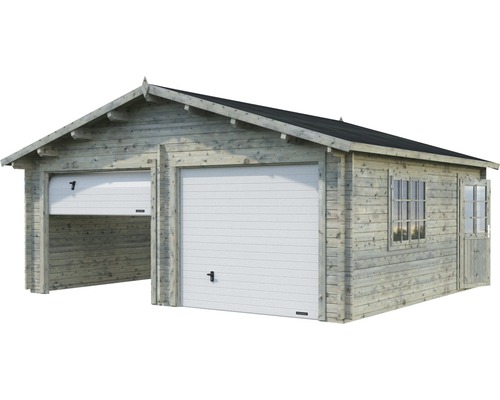 Doppelgarage aus Holz mit zwei Toren, Tür und Fenstern