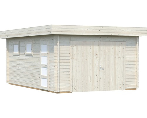 Holzgarage mit Fenstern und Tür