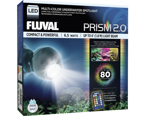 Verpackung einer Fluval Prism 2.0 mehrfarbigen Unterwasser-Spotlampe mit LED und Fernbedienung