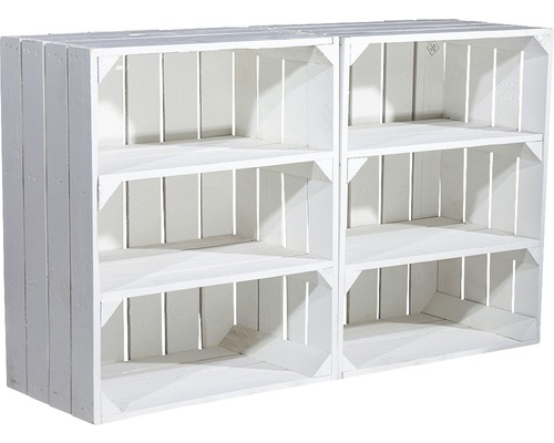 Zwei weiße Holzregale mit jeweils drei Fächern