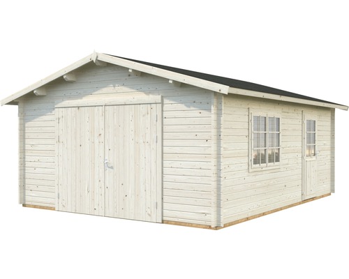 Holzgarage mit Doppeltür, Fenster und Eingangstür