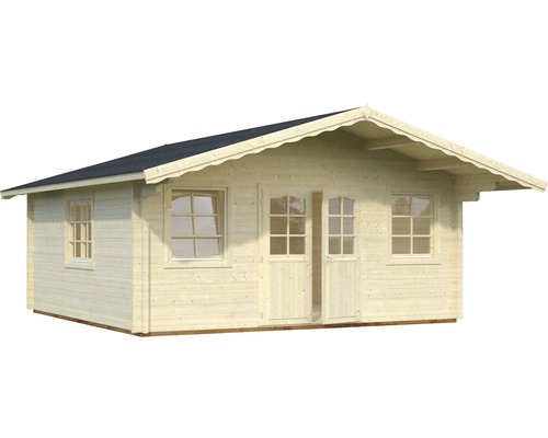 Gartenhaus aus Holz mit Fenstern und Doppeltür