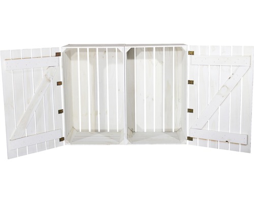 Zwei weiße Holzkisten mit Türen für die Aufbewahrung