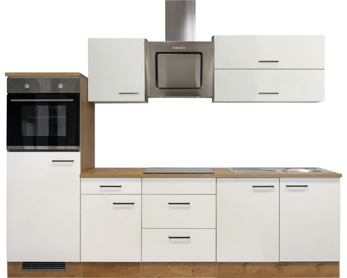 Küchenzeile mit Schränken, Spüle, Herd, Dunstabzugshaube und Backofen