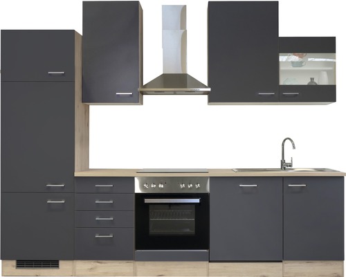 Komplette Küchenzeile mit Spüle, Herd, Dunstabzugshaube und Schränken