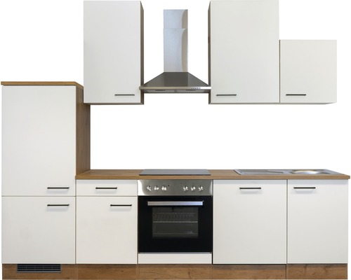 Küchenzeile mit Ober- und Unterschränken, Dunstabzugshaube und Einbauherd