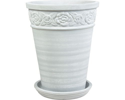 Blumentopf mit Untersetzer und Rosenmuster