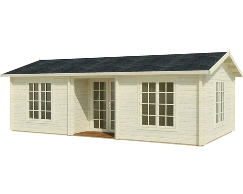 Gartenhaus aus Holz mit Fenstern und Doppeltür