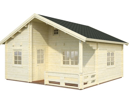 Blockbohlenhaus mit Dach, Tür und Fenstern