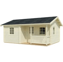 Holzgartenhaus mit Fenstern und Veranda