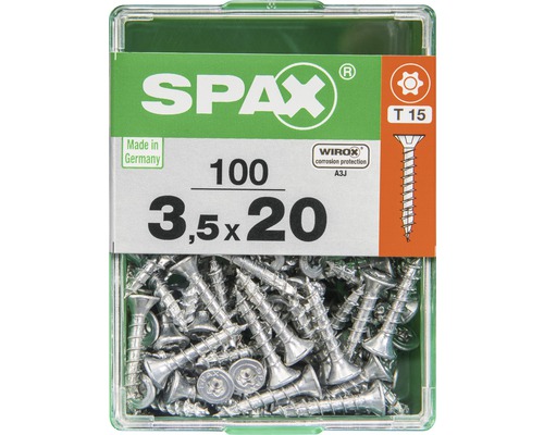 Spax Universalschraube Senkkopf Stahl gehärtet T 15, Holz-Vollgewinde 3,5x20 mm, 100 Stück Spax Universalschraube Senkkopf Stahl gehärtet T 15, Holz-Vollgewinde 3,5x20 mm, 100 Stück