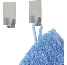 Zwei selbstklebende Haken aus Edelstahl, einer mit blauem Handtuch