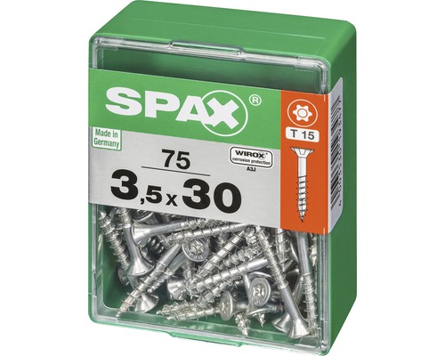Spax Schrauben 3,5 x 30 Millimeter in einer transparenten, grünen Box