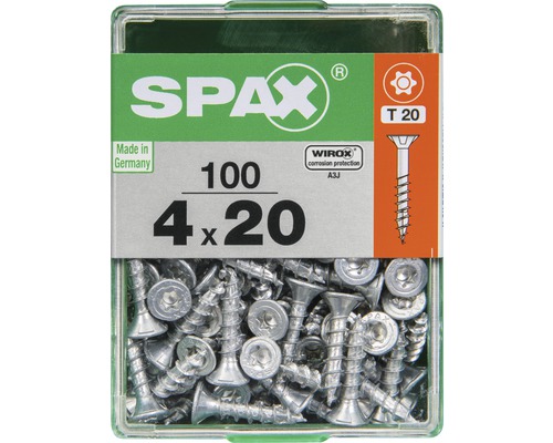 Spax Universalschraube Senkkopf Stahl gehärtet T 20, Holz-Vollgewinde 4x20 mm, 100 Stück Spax Universalschraube Senkkopf Stahl gehärtet T 20, Holz-Vollgewinde 4x20 mm, 100 Stück