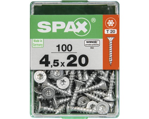 Spax Universalschraube Senkkopf Stahl gehärtet T 20, Holz-Vollgewinde 4,5x20 mm, 100 Stück Spax Universalschraube Senkkopf Stahl gehärtet T 20, Holz-Vollgewinde 4,5x20 mm, 100 Stück