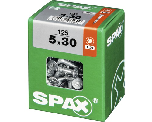 Spax Schrauben 5x30 Millimeter, 125 Stück in einer grünen Verpackung.