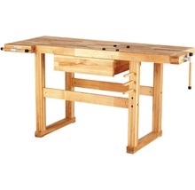 Werkbank aus Holz mit Schublade und Schraubstock