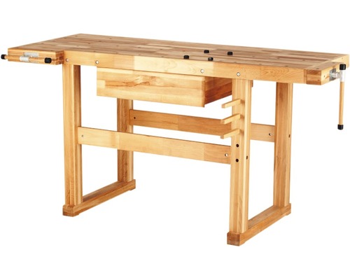 Werkbank aus Holz mit Schublade und Schraubstock