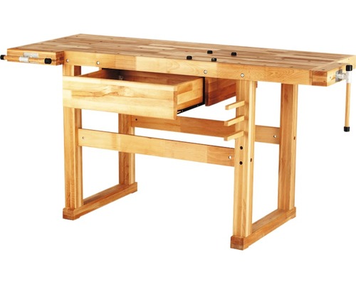 Werkbank aus Holz mit Schublade und Schraubstock
