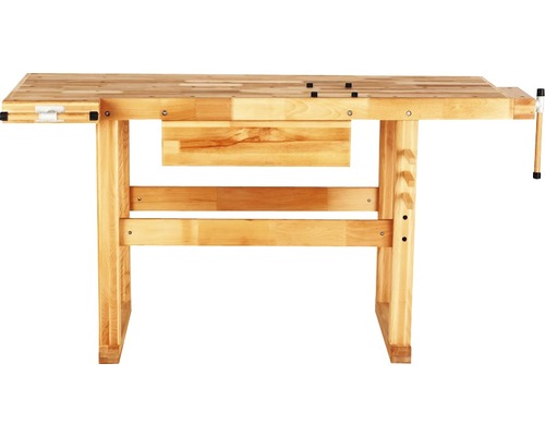 Werkbank aus Holz mit Schublade und Schraubstock