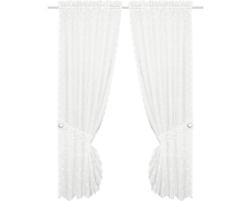 Zwei weiße Spitzengardinen mit Raffhaltern