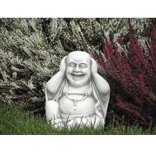 Lachende Buddha Gartenfigur mit Händen an den Ohren vor Heidekraut